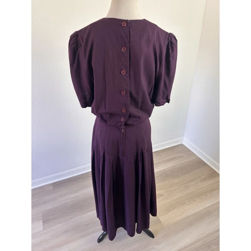Vintage 80s Plaza South Purple Cottage core Prairie Dress White Lace Detail 10